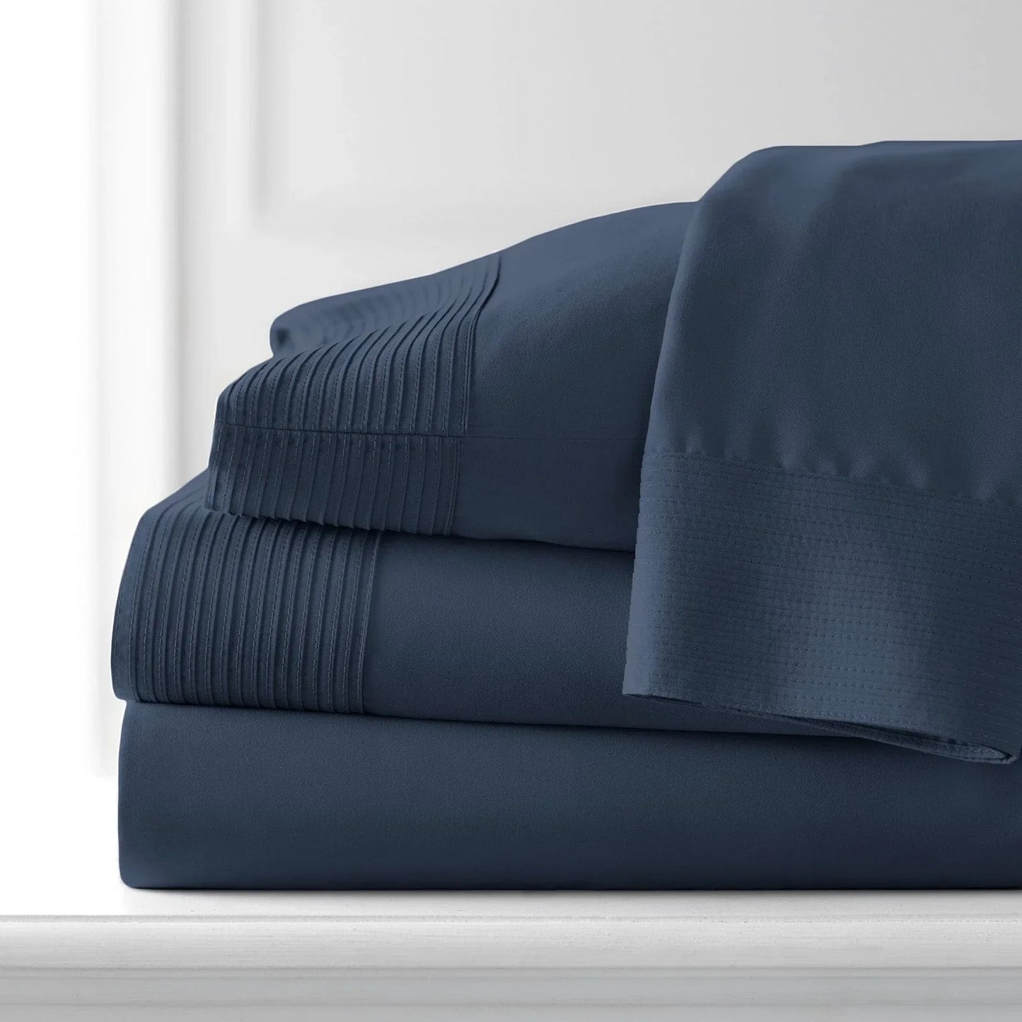 Pintuck Luxe Microfiber 4 Piece Sheet Set, Dark Blue