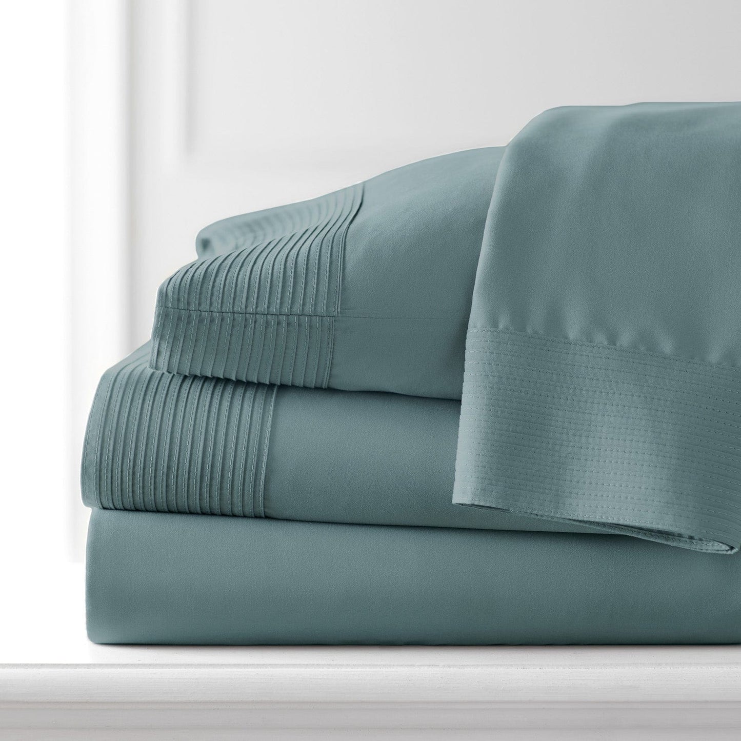 Pintuck Luxe Microfiber 4 Piece Sheet Set, Steel Blue