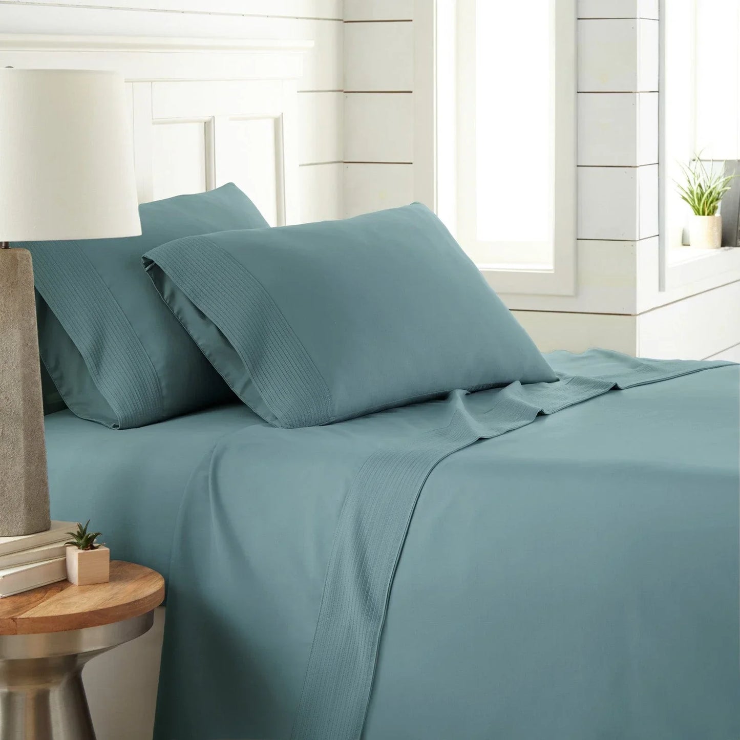 Pintuck Luxe Microfiber 4 Piece Sheet Set, Steel Blue