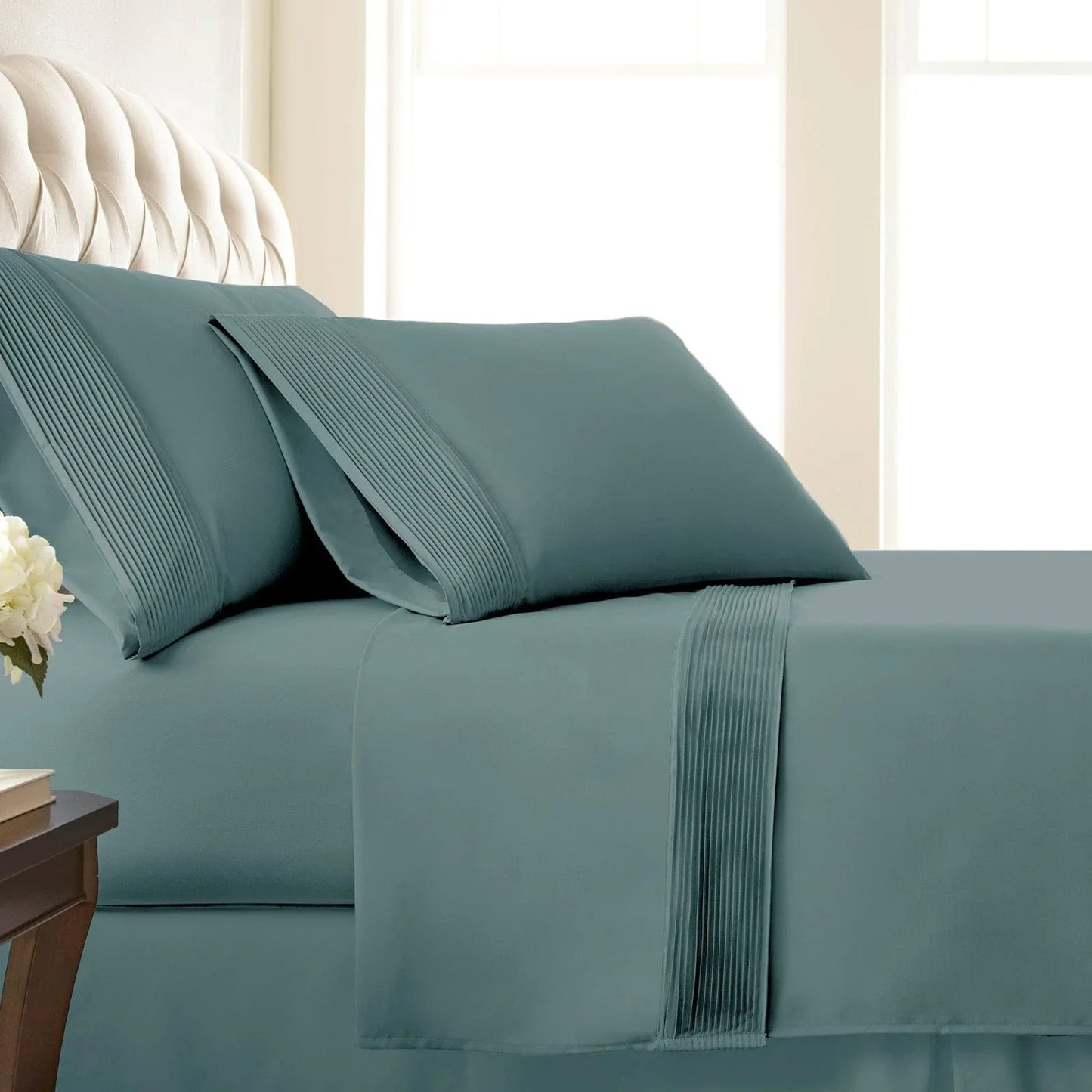 Pintuck Luxe Microfiber 4 Piece Sheet Set, Steel Blue