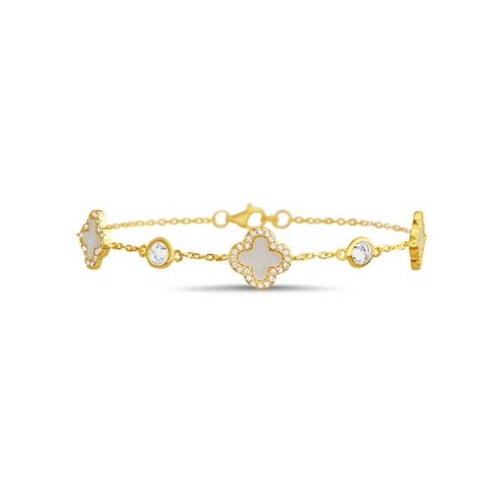 Sterling Silver CZ Clover Bracelet, Gold