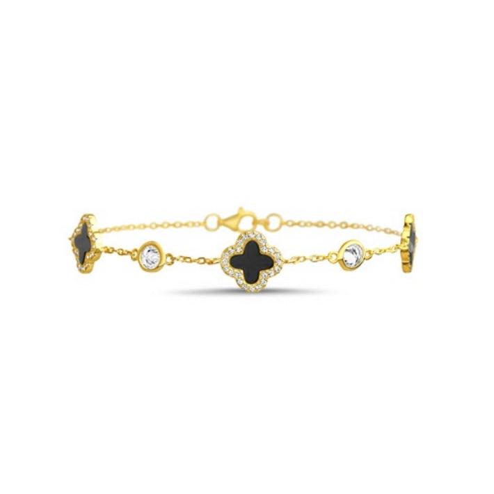 Sterling Silver CZ Onyx Clover Bracelet, Gold