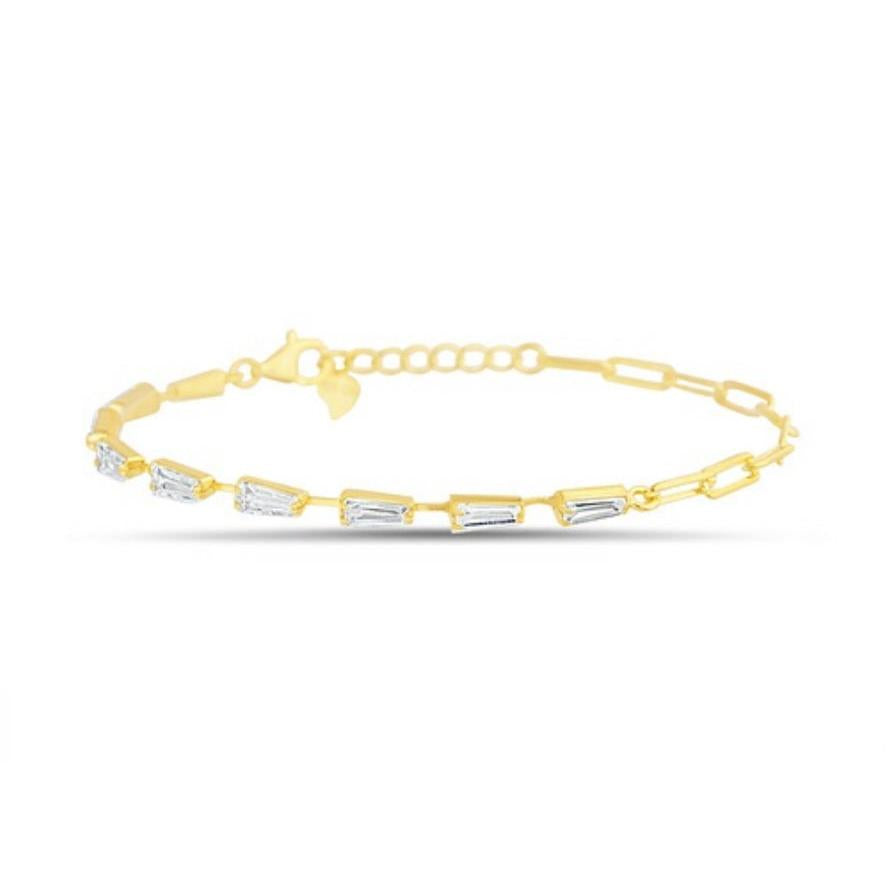 Sterling Silver Golden Clear CZ Paper Clip Chain Bracelet