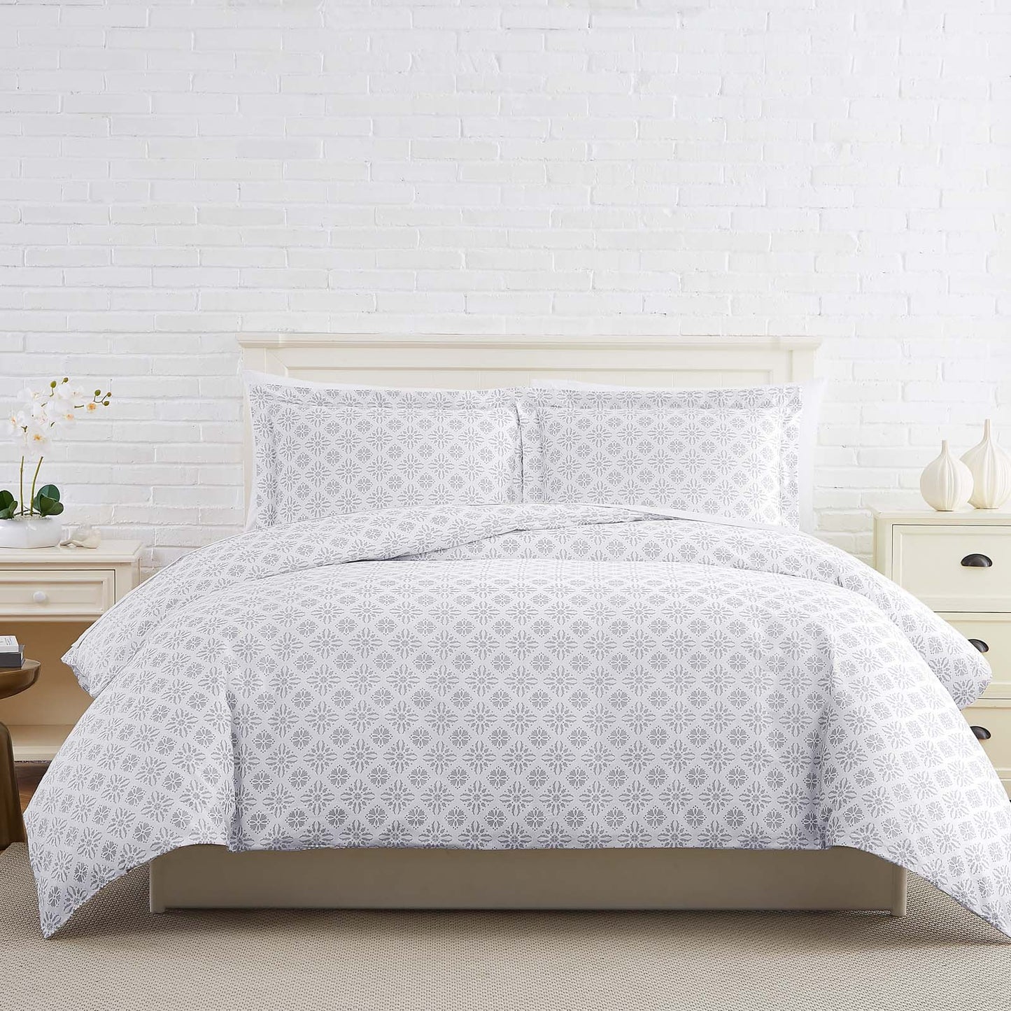 Floral Block Print Duvet Cover Set, Grey