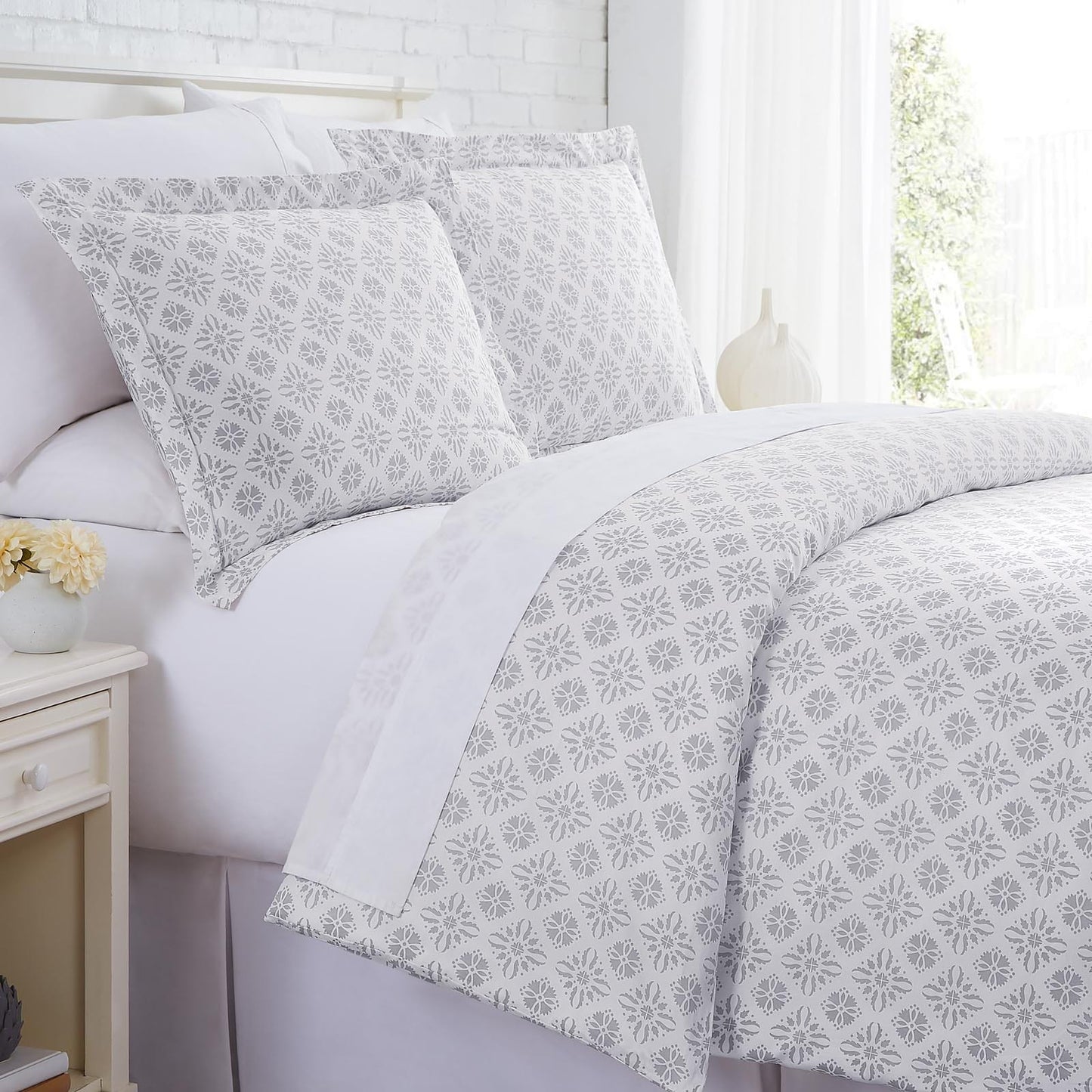 Floral Block Print Duvet Cover Set, Grey