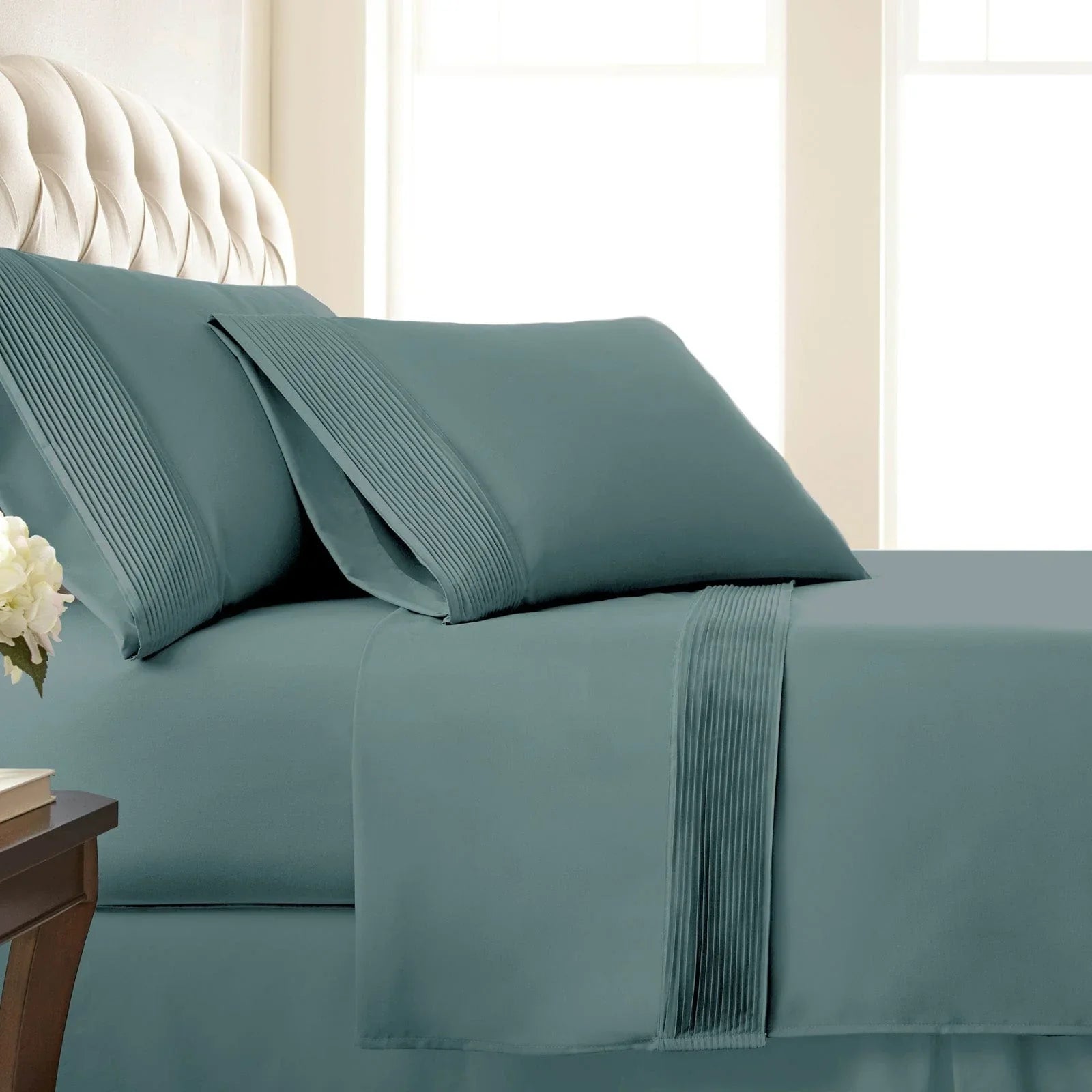 Pintuck Luxe Microfiber 4 Piece Sheet Set, Steel Blue