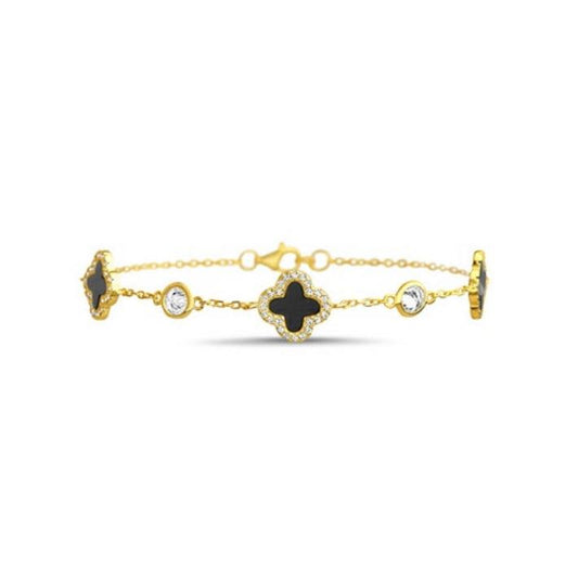 Sterling Silver CZ Onyx Clover Bracelet, Gold