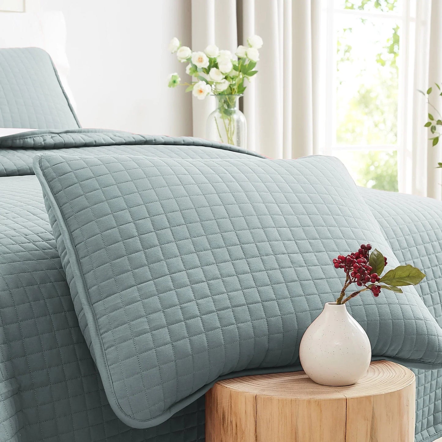 Small Squares Classic Quilt Set, Steel Blue